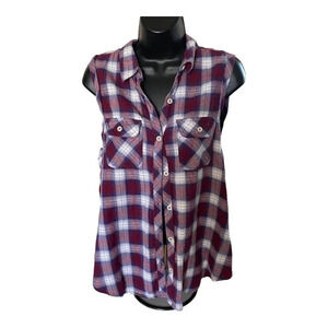 Forever 21 Short Sleeve Tank Top Plaid Button Up Casual Size Med Top Lightweight